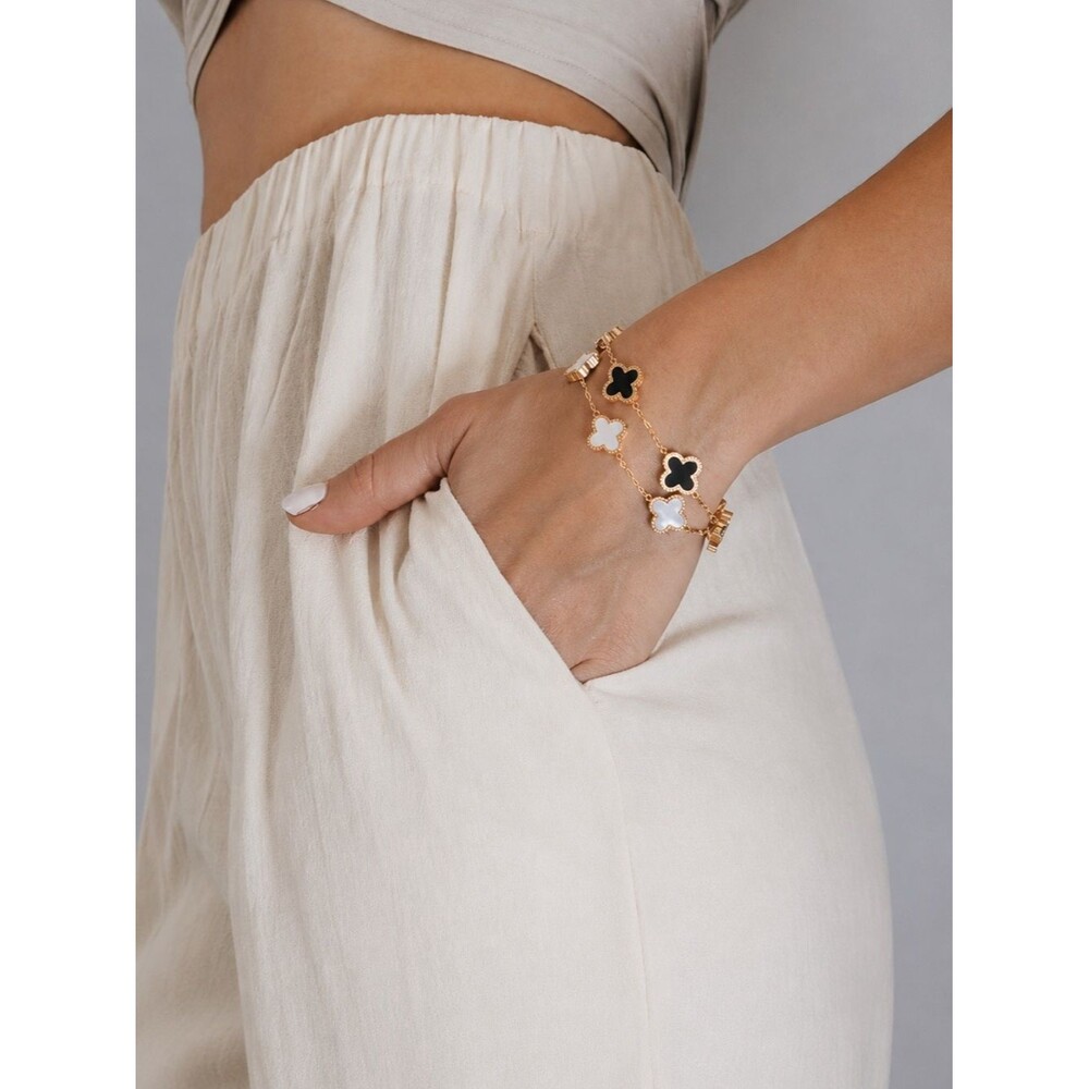 18K Gold Lucky Clover Bracelet Set Black Enamel Dainty VC Alhambra Style Charm